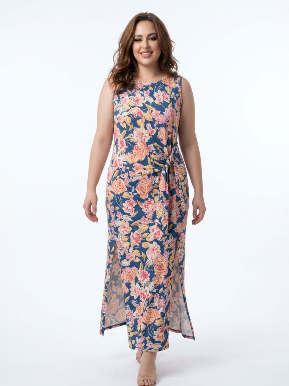 Sleeveless Navy Floral Maxi Dress with Side Tie